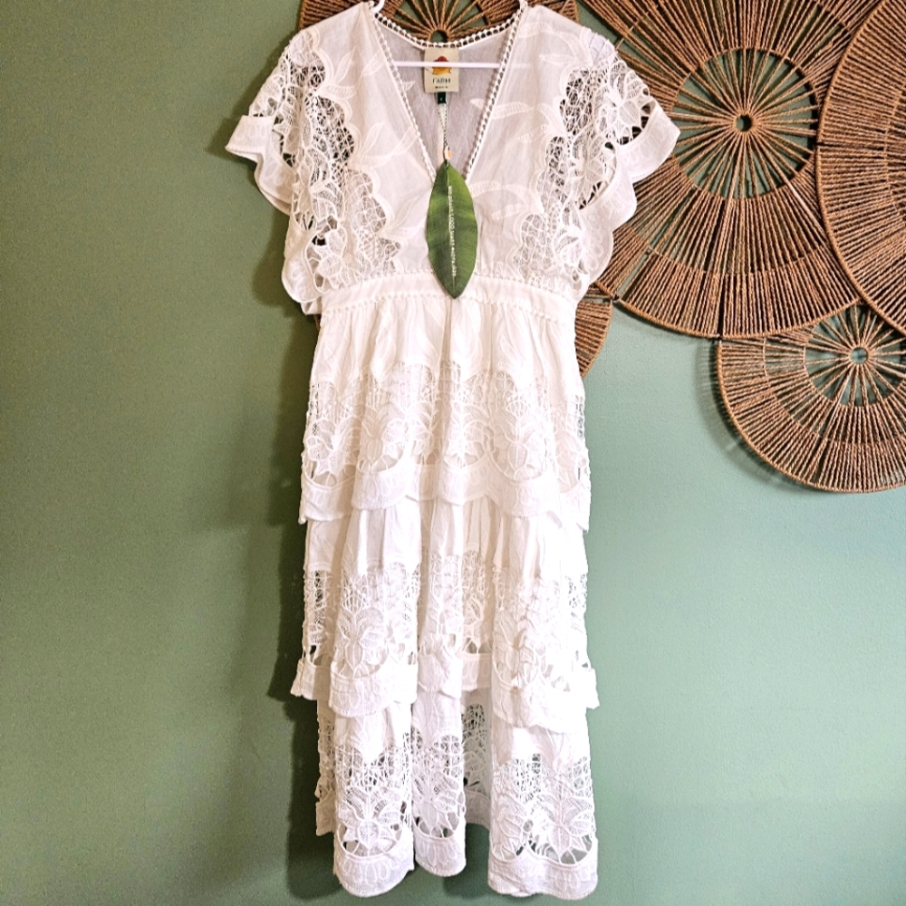 FARM Rio Offwhite "Richelier" Lined Lace Midi Dress NWT